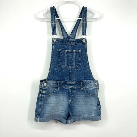 No Boundaries Denim Shortalls Cuffed Overalls Relax Fit - Picture 2 of 12